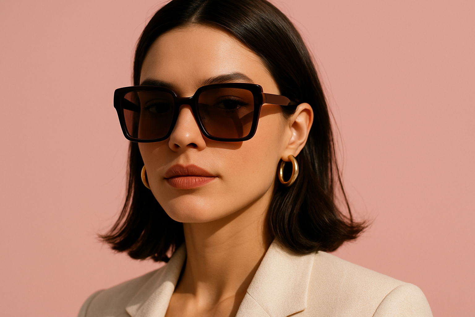 Can you make me another photo with a pink background and another woman with square medium-sized glasses? 